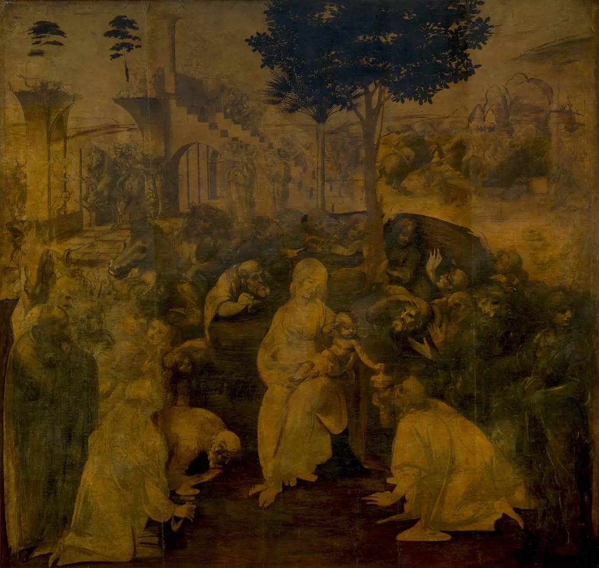 Adoration of the Magi by Leonardo da Vinci, Uffizi Gallery, Florence