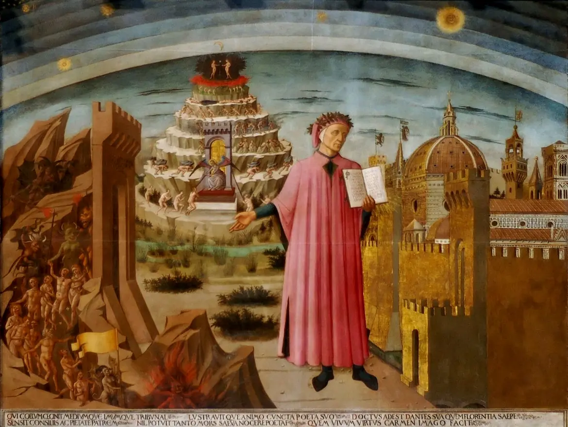 Dante reading from The Devine Comedy, painting by Domenico di Michelino, 1465
