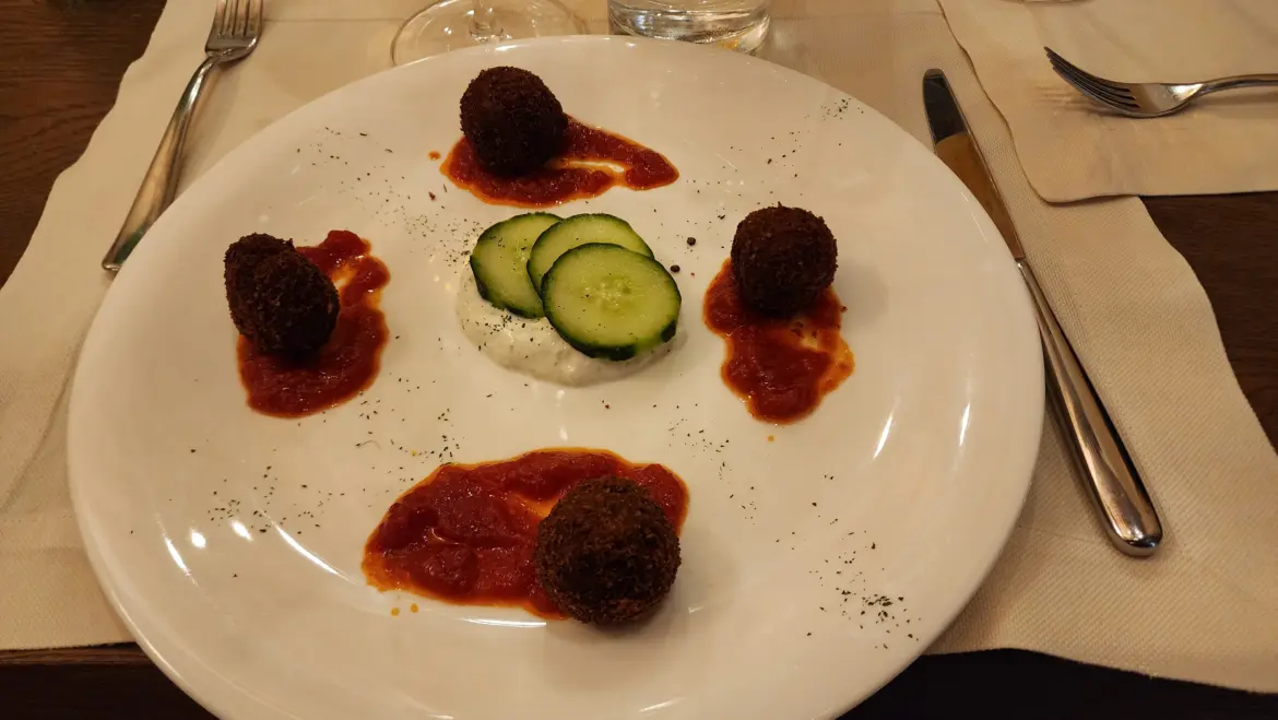 Deep-Fried Eggplant Balls with Tomato and Creamy Cheese, Osteria del Pavone, Florence