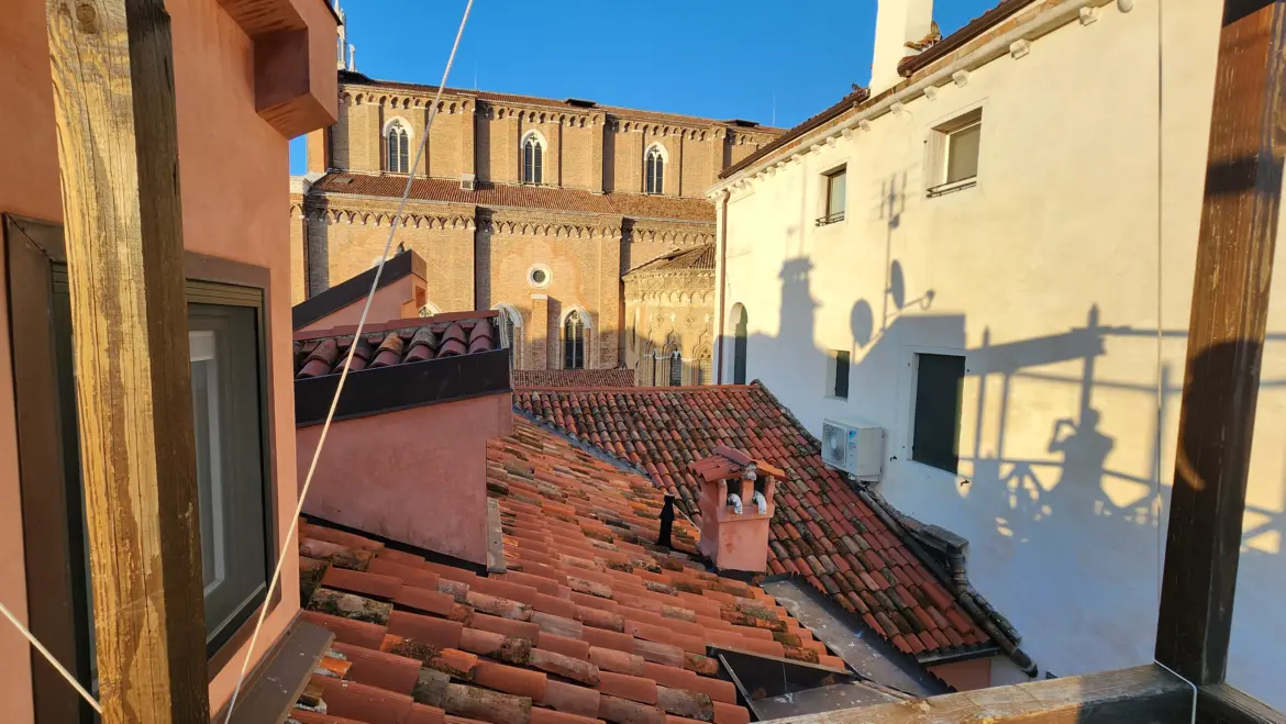 View of Basilica Santi Giovanni e Paolo from rooftop terrace, Suite IV, Palazzo Cristo, Venice