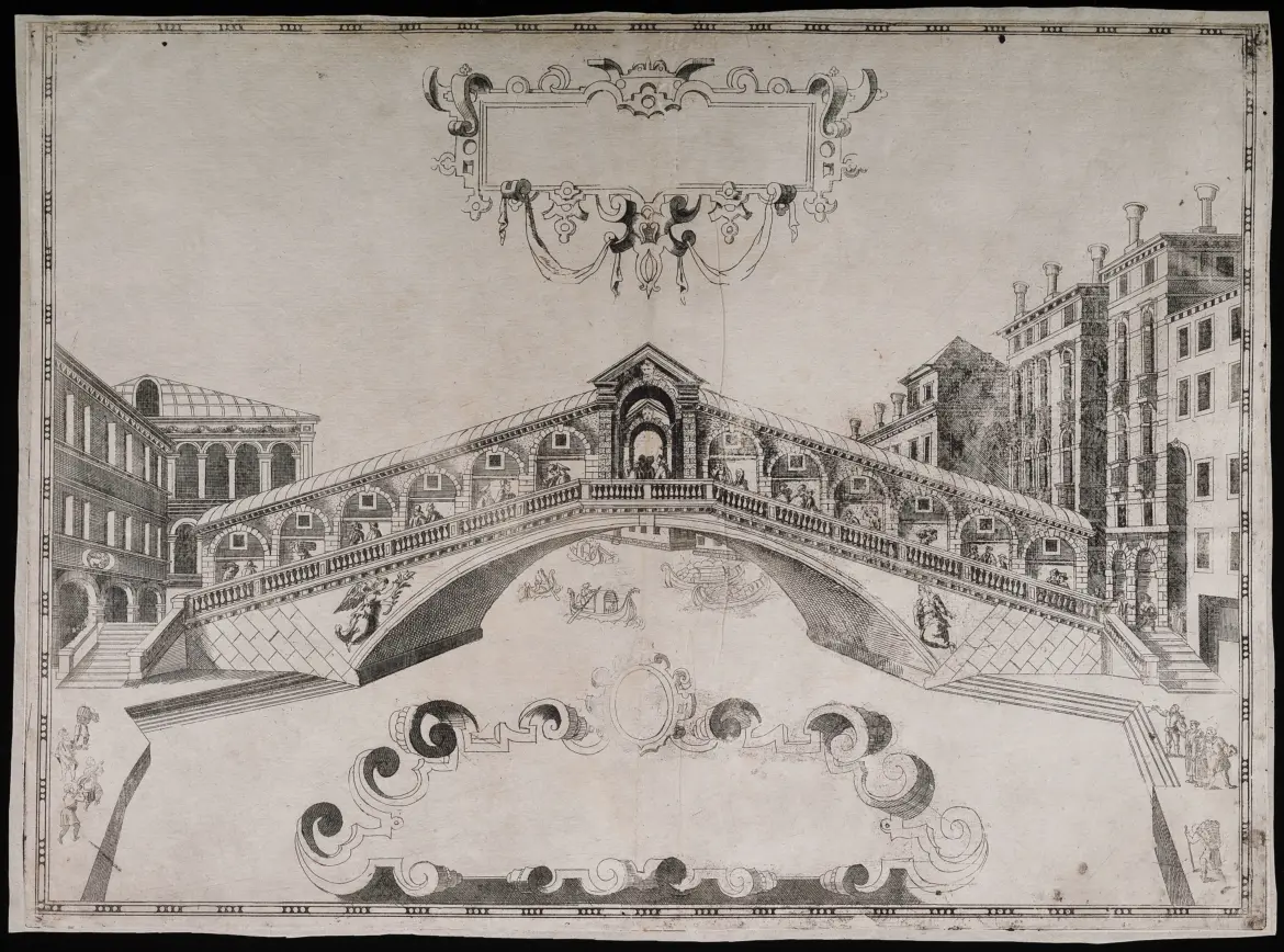 View of the Rialto Bridge from an untitled 16th century Italian print, Venice