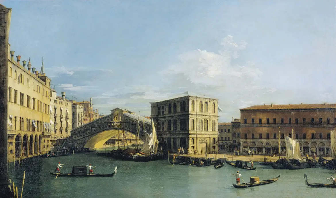 Venice in 1726, as depicted by Canaletto in his painting Rialto Bridge from the North