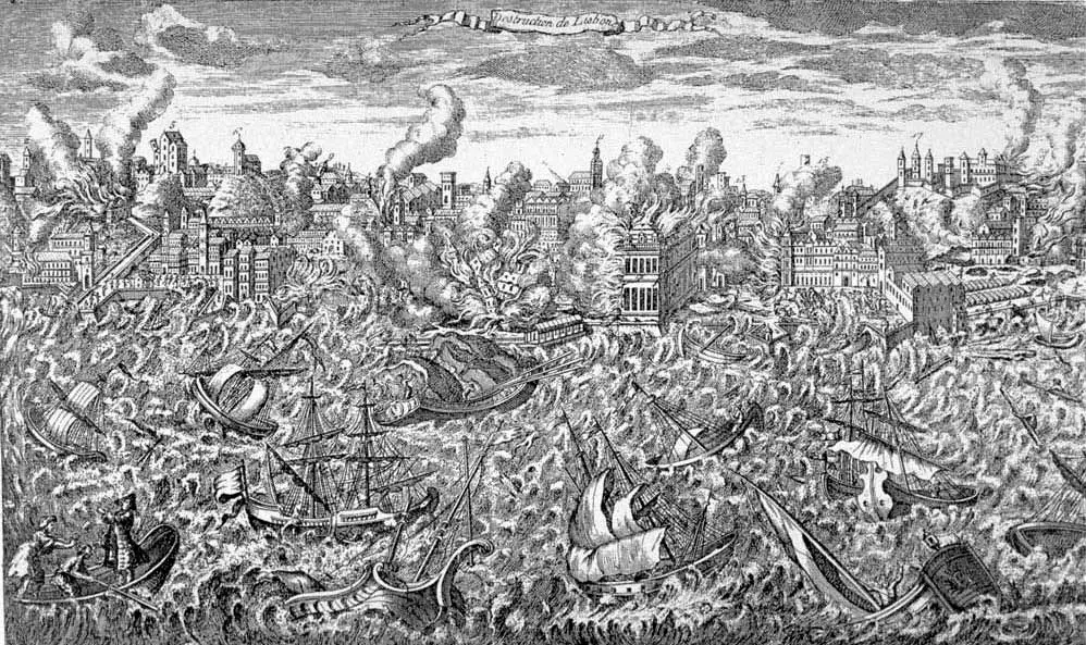 1755 copper engraving showing Lisbon in flames and a tsunami overwhelming the ships