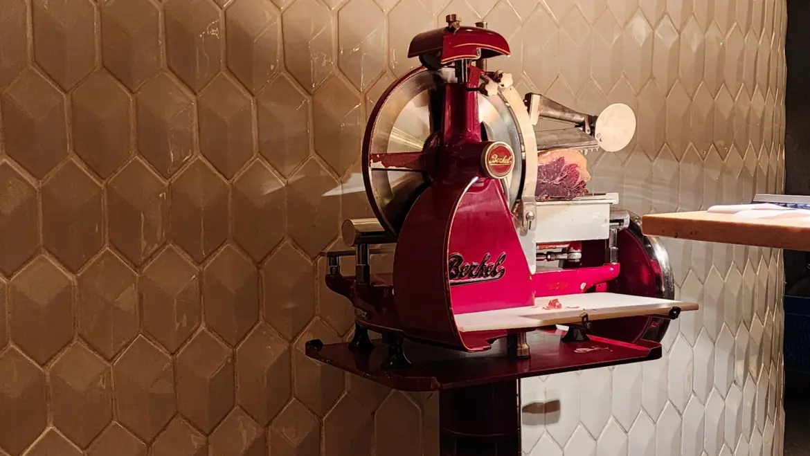 Traditional jamón slicing machine, Tapisco restaurant, Lisbon, Portugal
