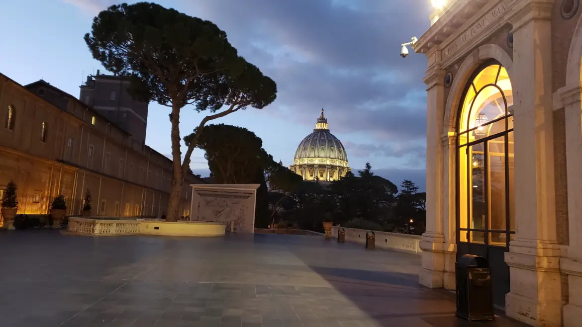 View of St Peter Basilica’s Dome from the Vatican Museum, Italy