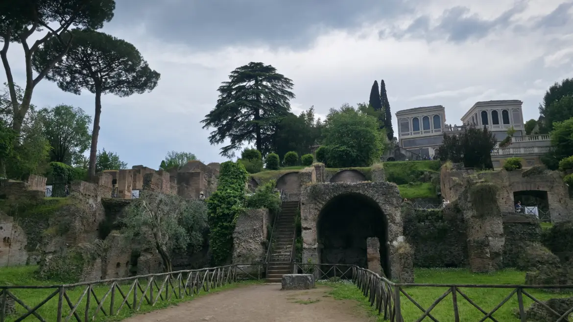 View of the Palatine Hill and Farnese Gardens from the Roman Forum, Rome, Italy