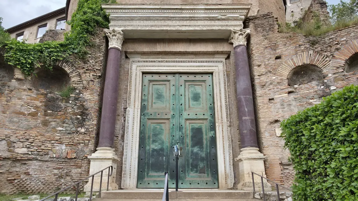 Original bronze doors of the Temple of Romulus now part of the Church of Santi Cosma e Damiano, Rome, Italy