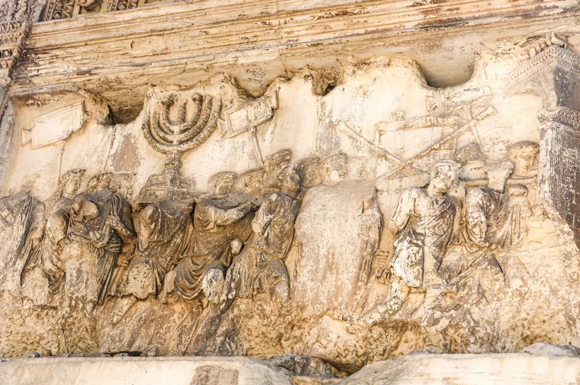 South inner panel, close-up of relief showing the spoils from the Siege of Jerusalem, Arch of Titus, Rome, Italy