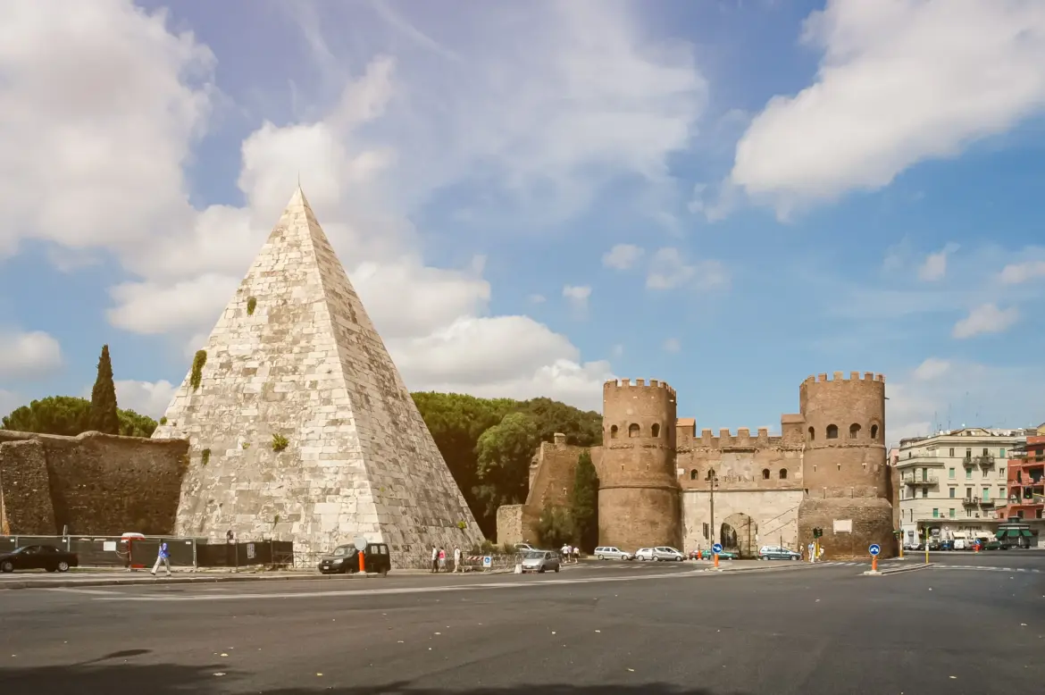Piramide Cestia (Pyramid of Cestius) and Porta San Paolo, Rome, Italy