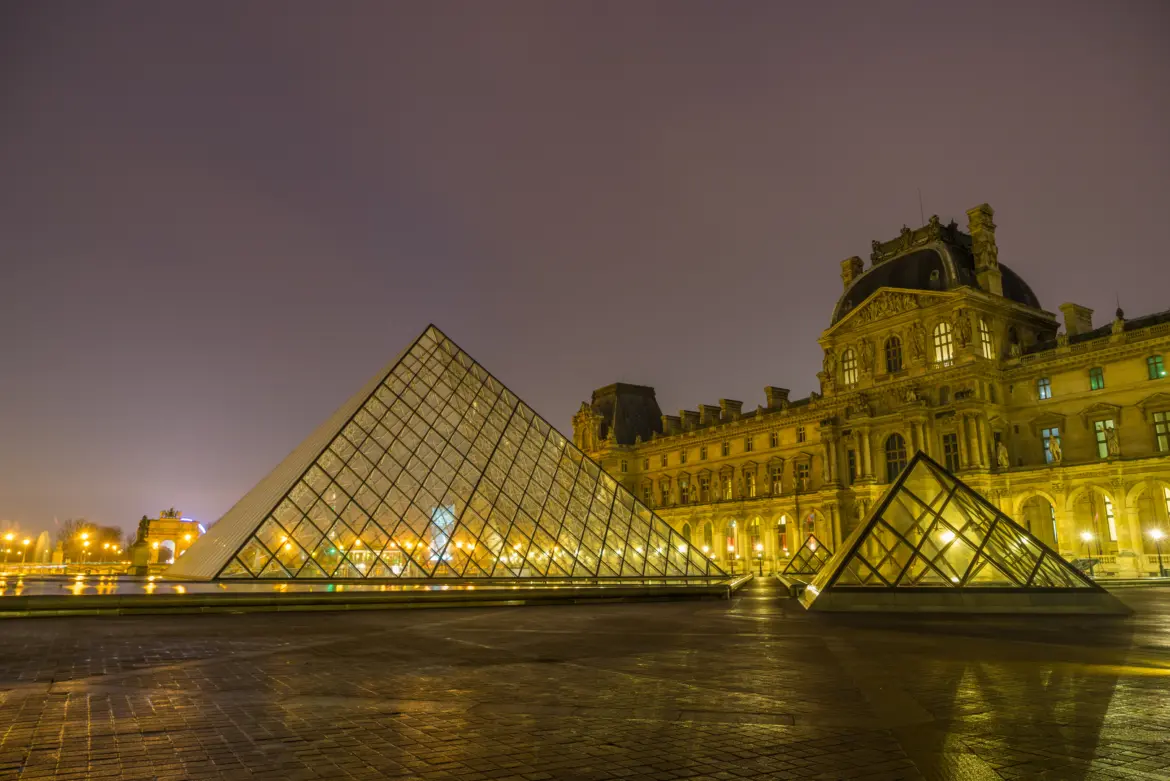 The Louvre Pyramid in the Cour Napoléon, Paris, France