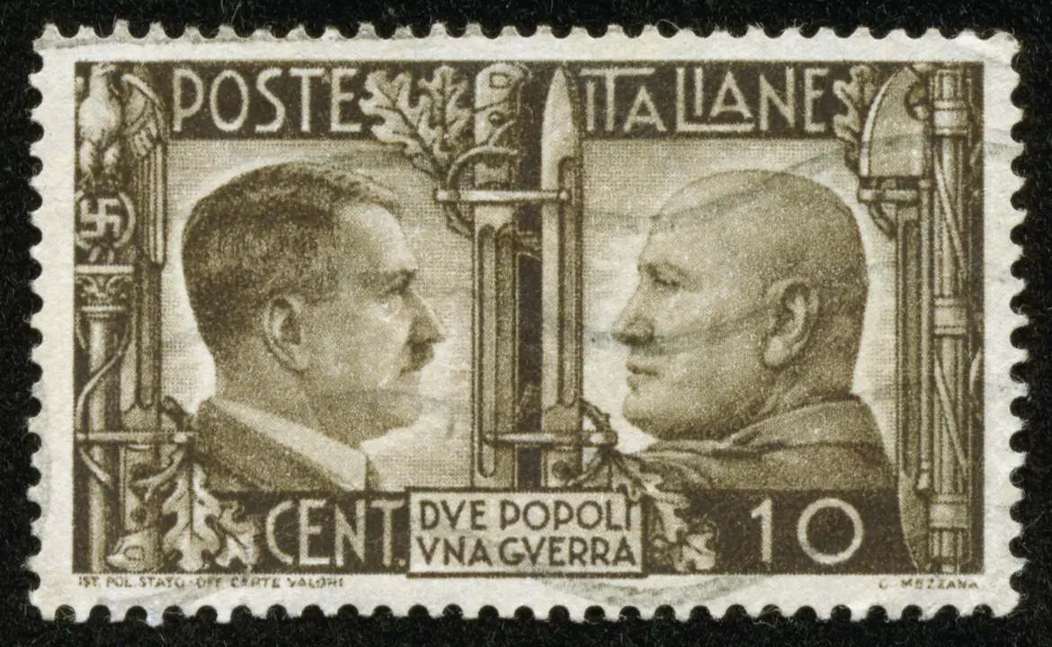 Stamp entitled "Due popoli una guerra" (Two nations one war), printed by the fascist Italy Post, portraying Adolf Hitler and Benito Mussolini. Circa 1941