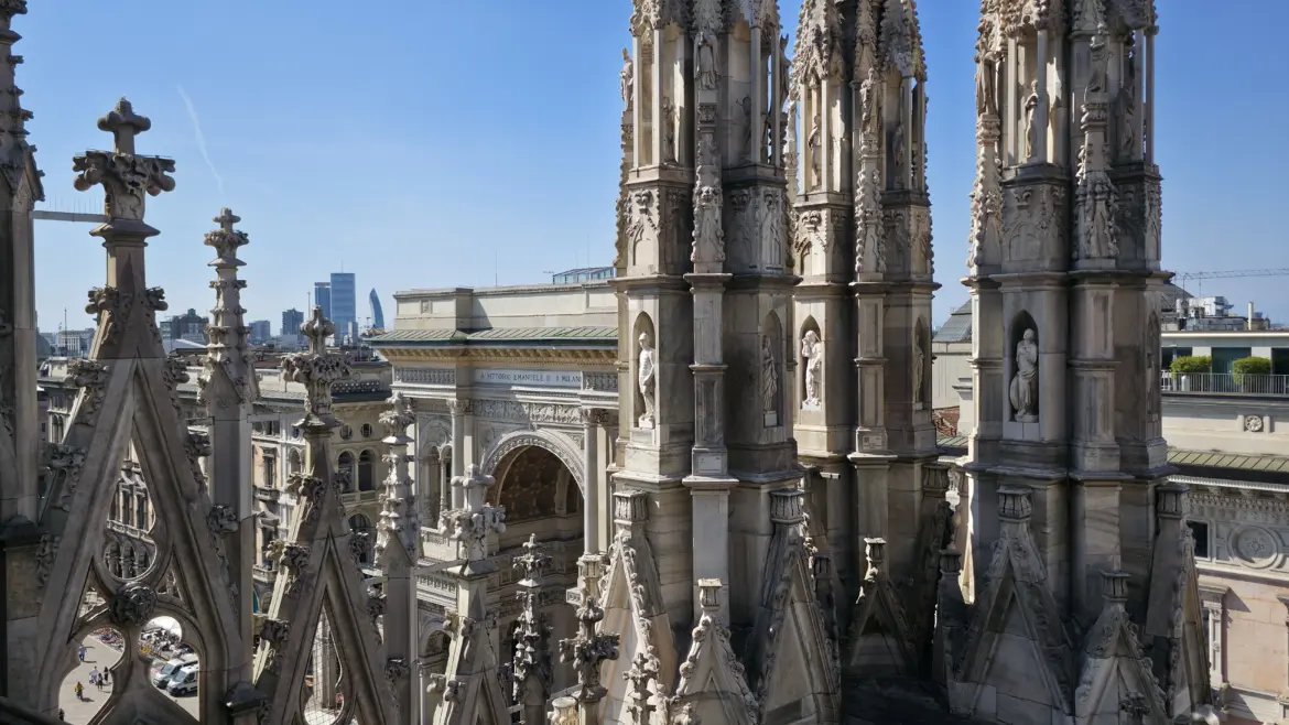 View of Galleria Vittorio Emanuele II from the Duomo di Milano’s rooftop terrace, Milan, Italy