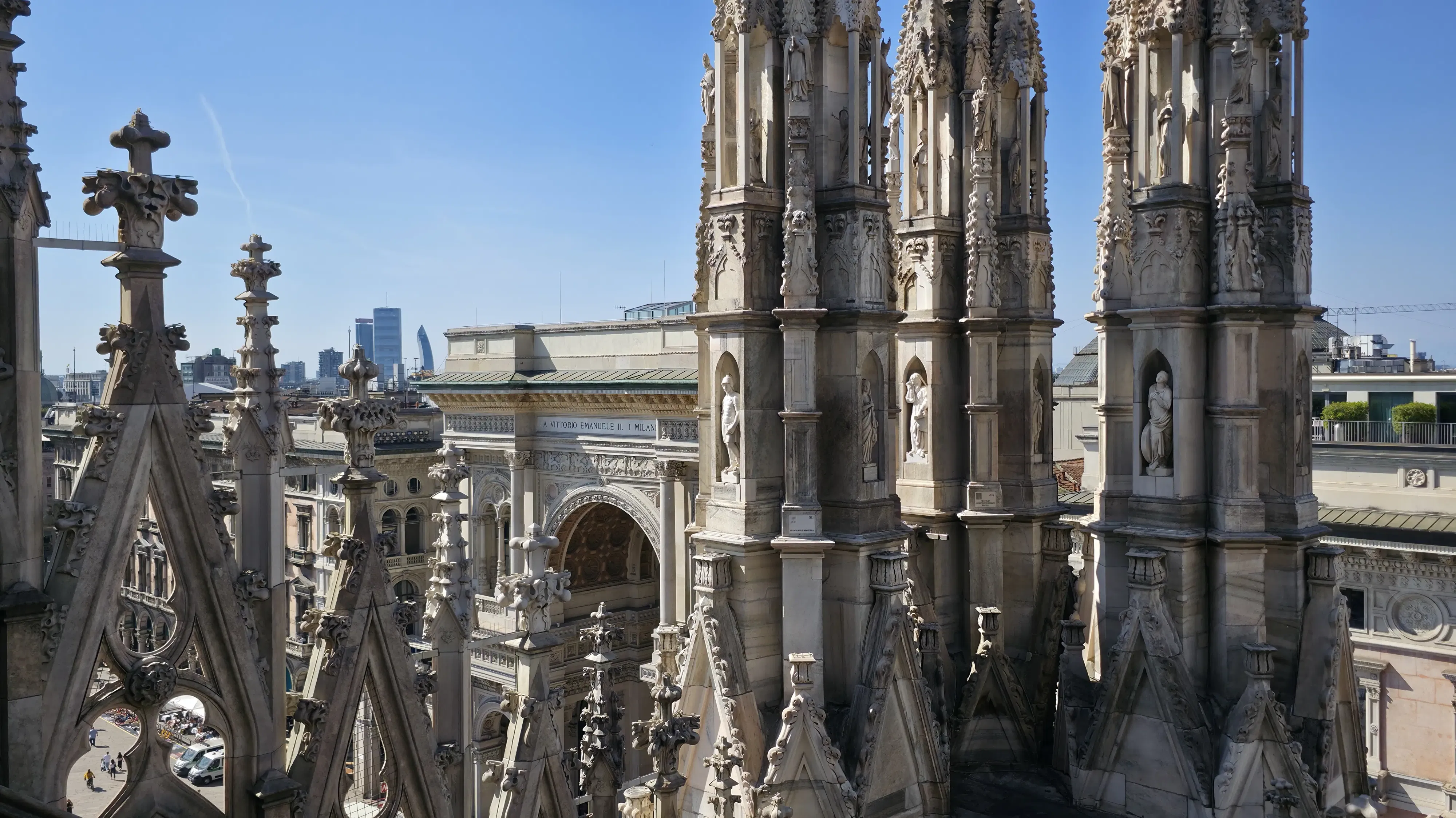 View of Galleria Vittorio Emanuele II from the Duomo di Milano’s rooftop terrace, Milan, Italy
