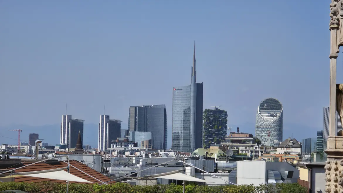 View of the Porta Nuova skyline from the Duomo di Milano’s rooftop terrace, Milan, Italy