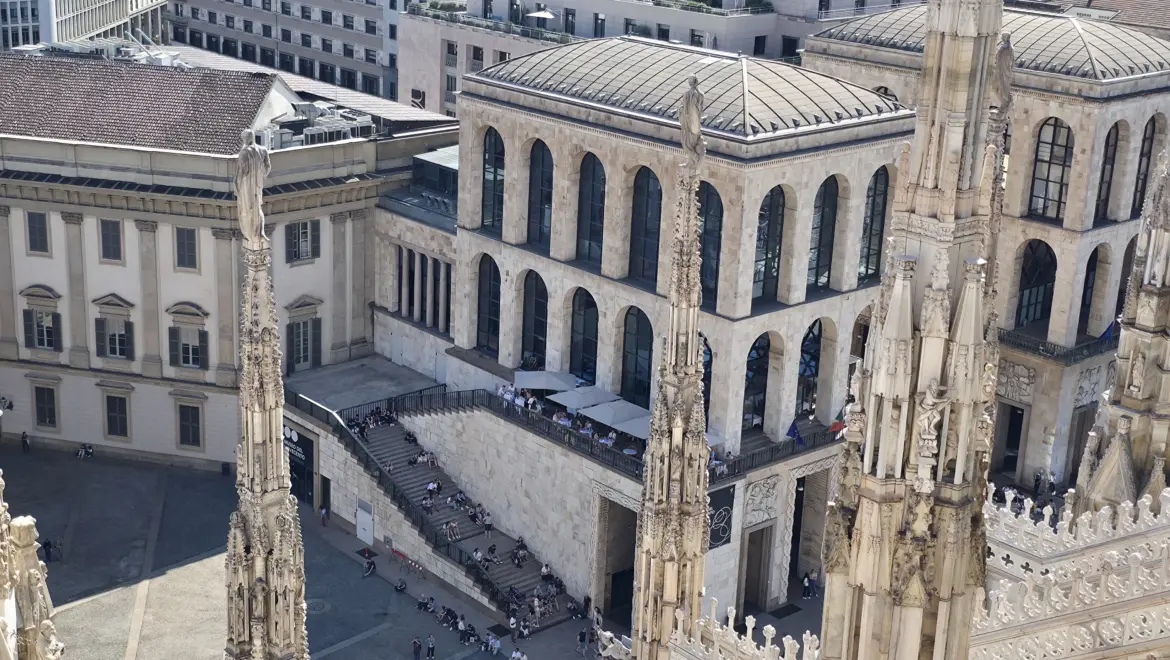 View of the Museo del Novecento from the Duomo di Milano’s rooftop terrace, Milan, Italy