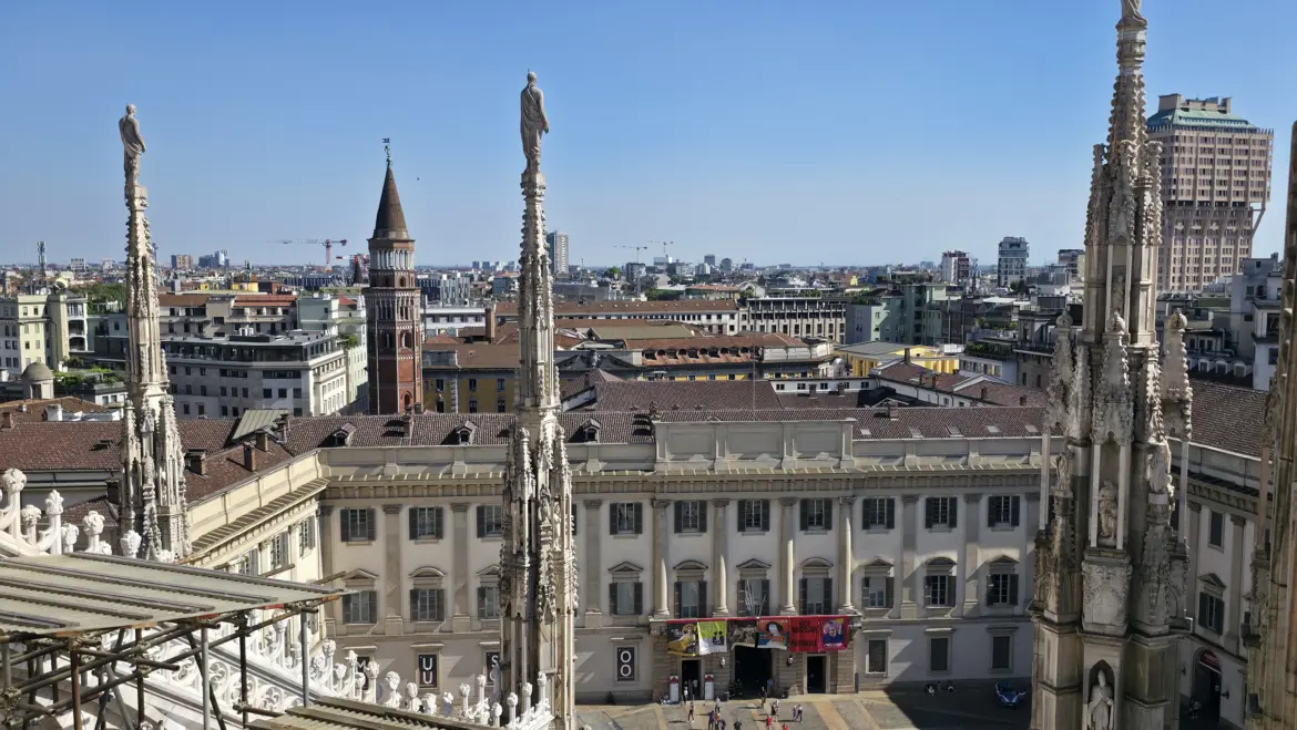 View of the Palazzo Reale (Royal Palace of Milan) from the Duomo di Milano’s rooftop terrace, Milan, Italy