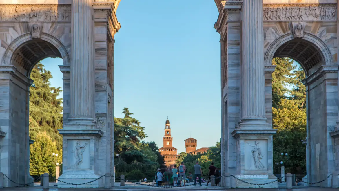 View of Sforza Castle from the Arco della Pace (Arch of Peace), Milan, Italy