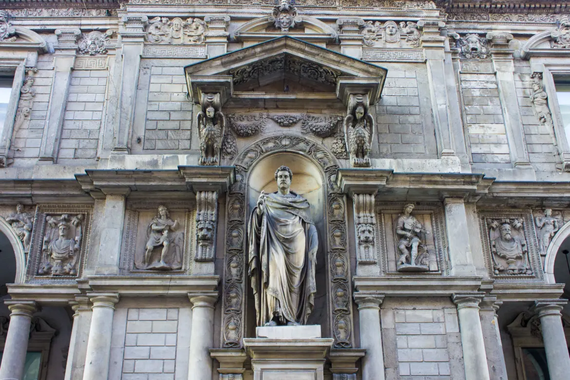 Sculptures and reliefs, Piazza Mercanti (Merchants Square), Milan, Italy