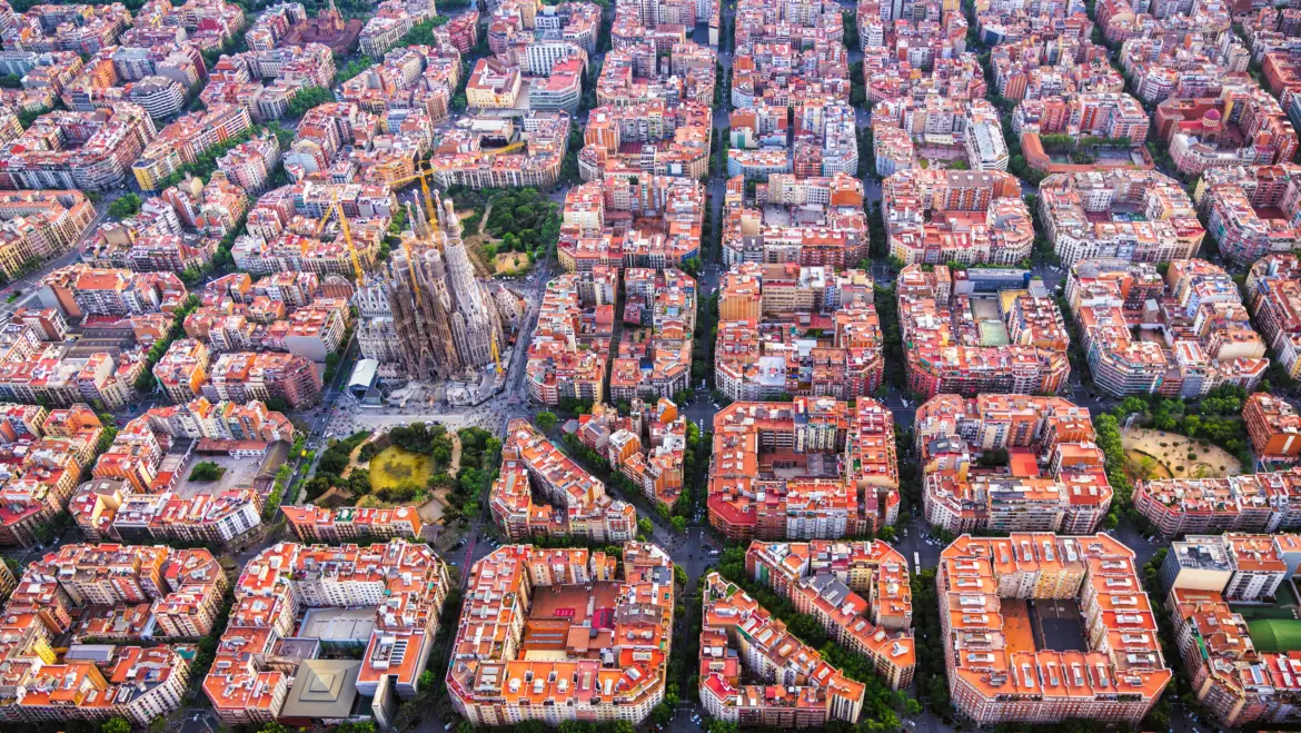 Aerial view of the Eixample district and the Sagrada Familia, Barcelona, Spain