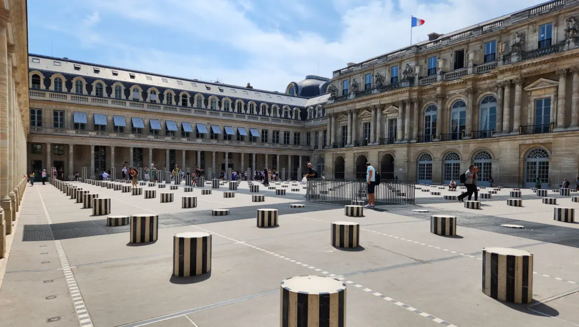 Daniel Buren’s striped black-and-white columns (Les Deux Plateaux), Palais Royal, Paris, France