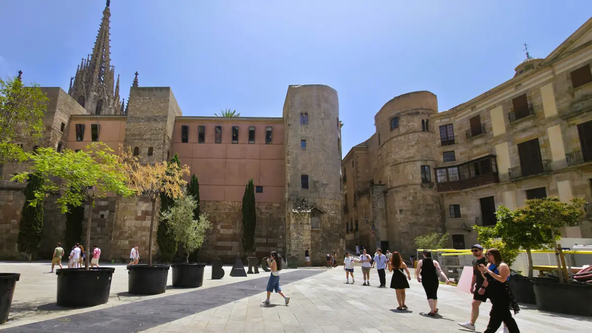 The old Praetoria gate of Roman Barcino, Plaça Nova, Barcelona, Spain