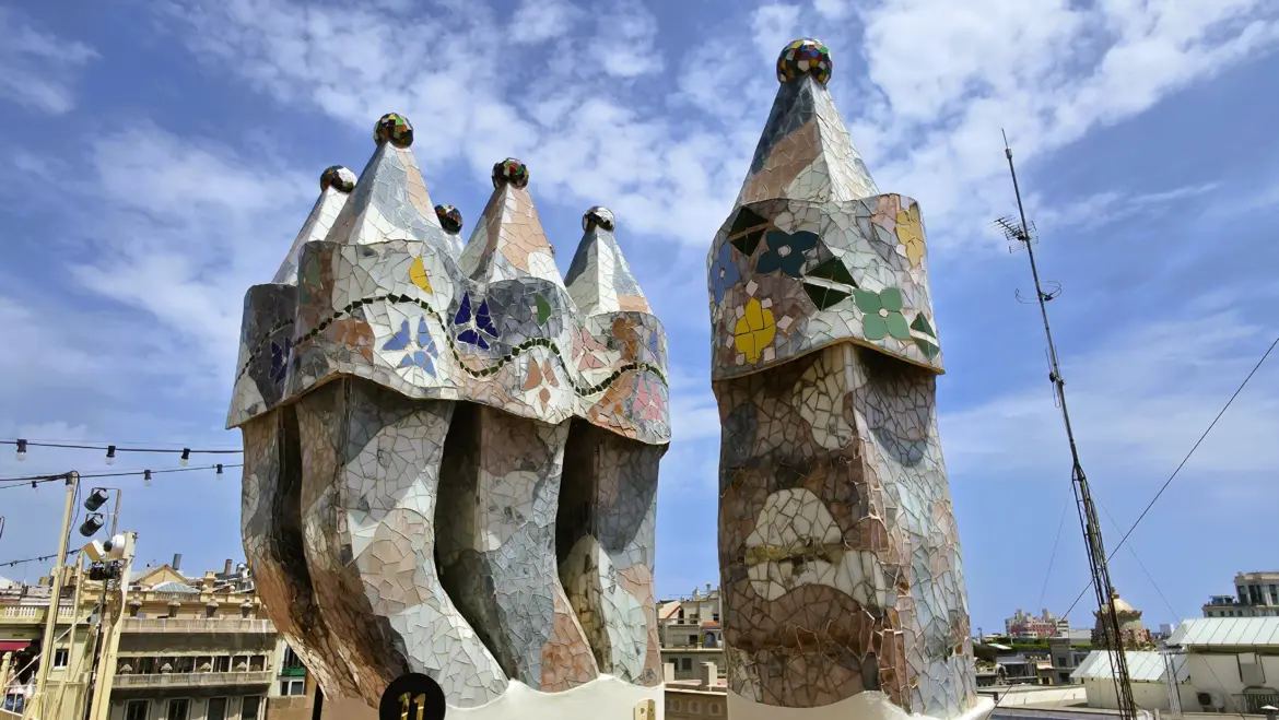 Chimney stacks and mosaics, Casa Batlló, Barcelona, Spain
