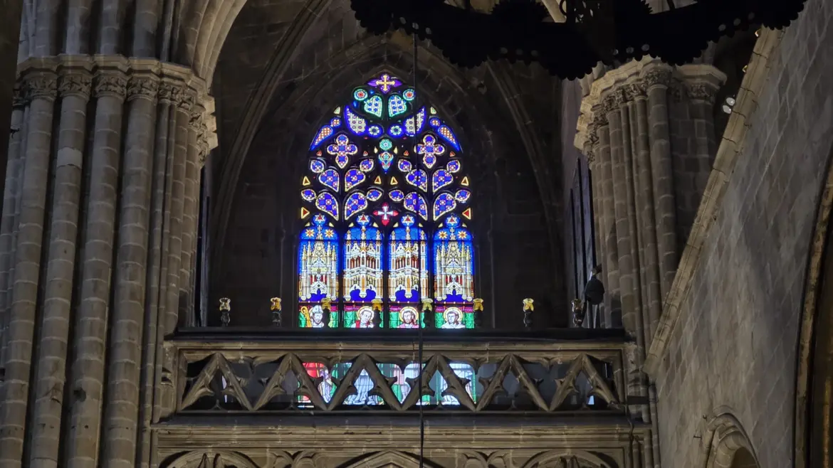 Stained glass, Barcelona Cathedral, Barcelona, Spain