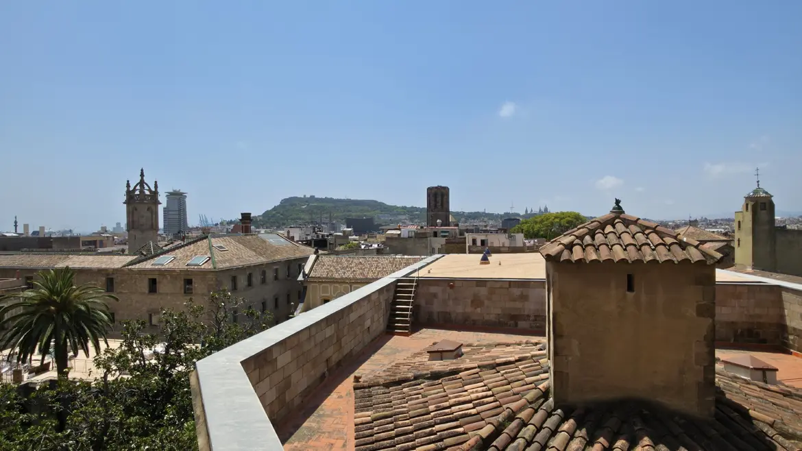 View of Montjuïc Hill from the Rooftop of the Barcelona Cathedral, Barcelona, Spain