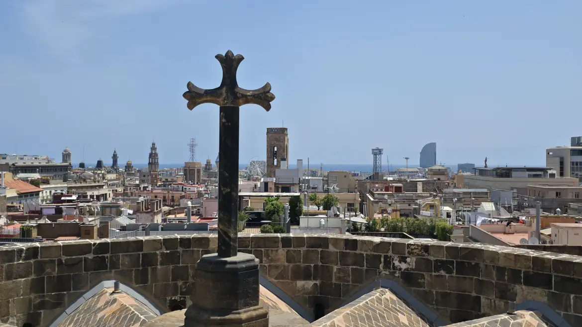 View of Barcelona and the Mediterranean Sea, Rooftop of the Barcelona Cathedral, Spain