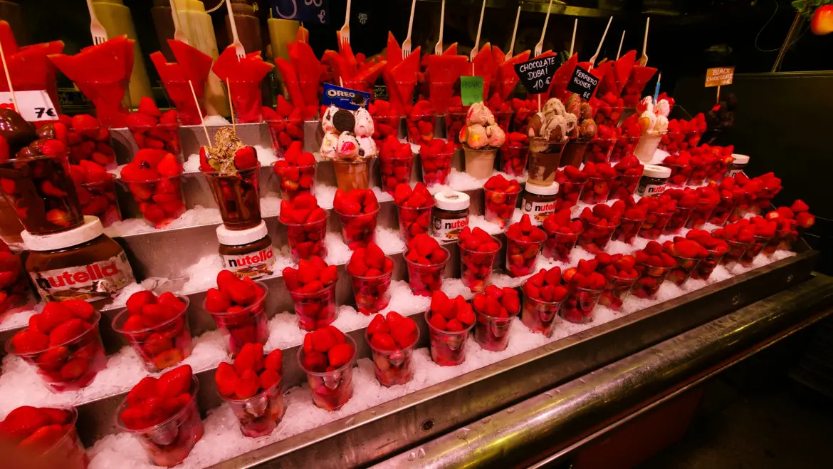 Fresh fruit cups, Sant Josep de la Boqueria Market, Barcelona, Spain