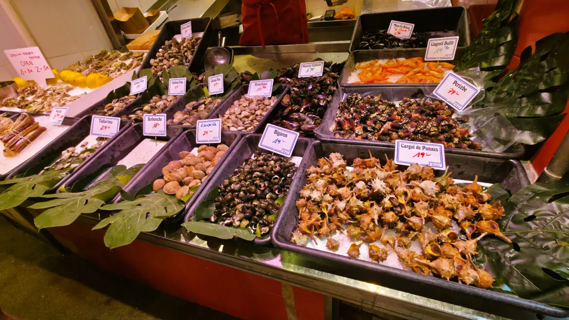 Seafood display, Sant Josep de la Boqueria Market, Barcelona, Spain