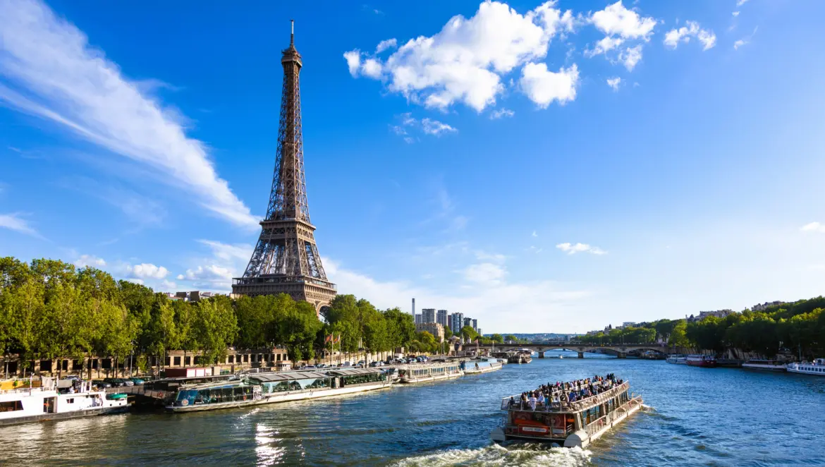 View of the Eiffel Tower from the Seine river, Paris, France