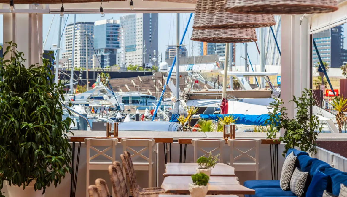 Outdoor terrace, Marina Port Vell, Barcelona, Spain