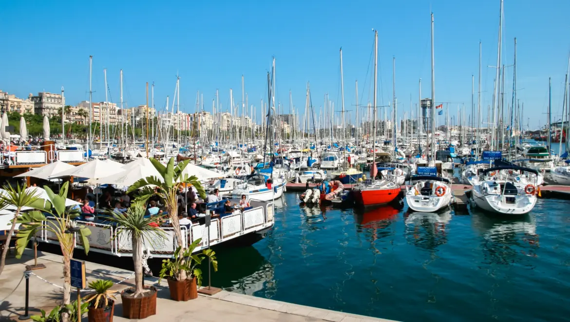 Outdoor terrace, Marina Port Vell, Barcelona, Spain
