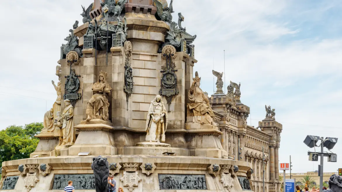 Base sculptures, Christopher Columbus Monument, Port Vell, Barcelona, Spain
