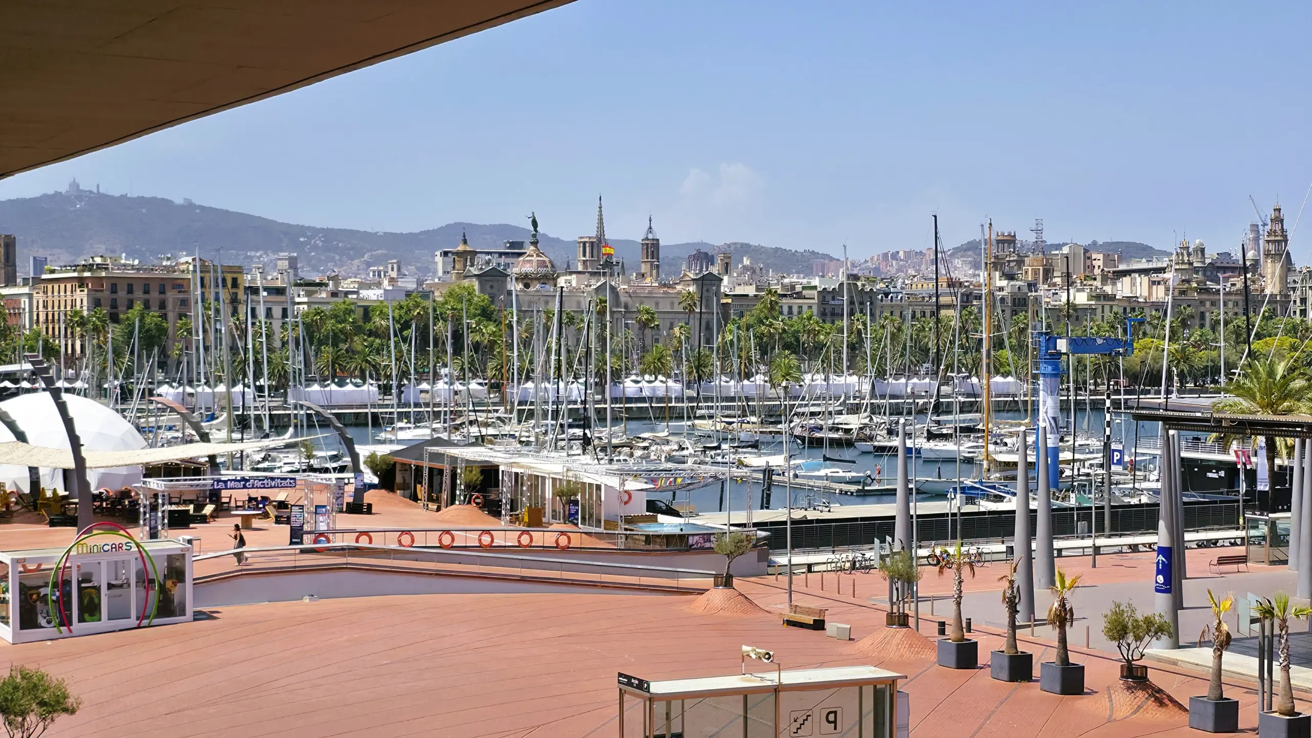 View of Marina Port Vell from the terrace of Time Out Market Barcelona, Spain