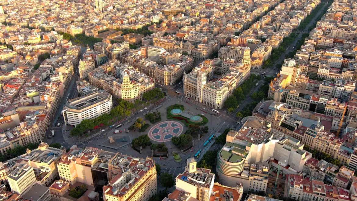 Aerial view of Plaça de Catalunya, Barcelona, Spain