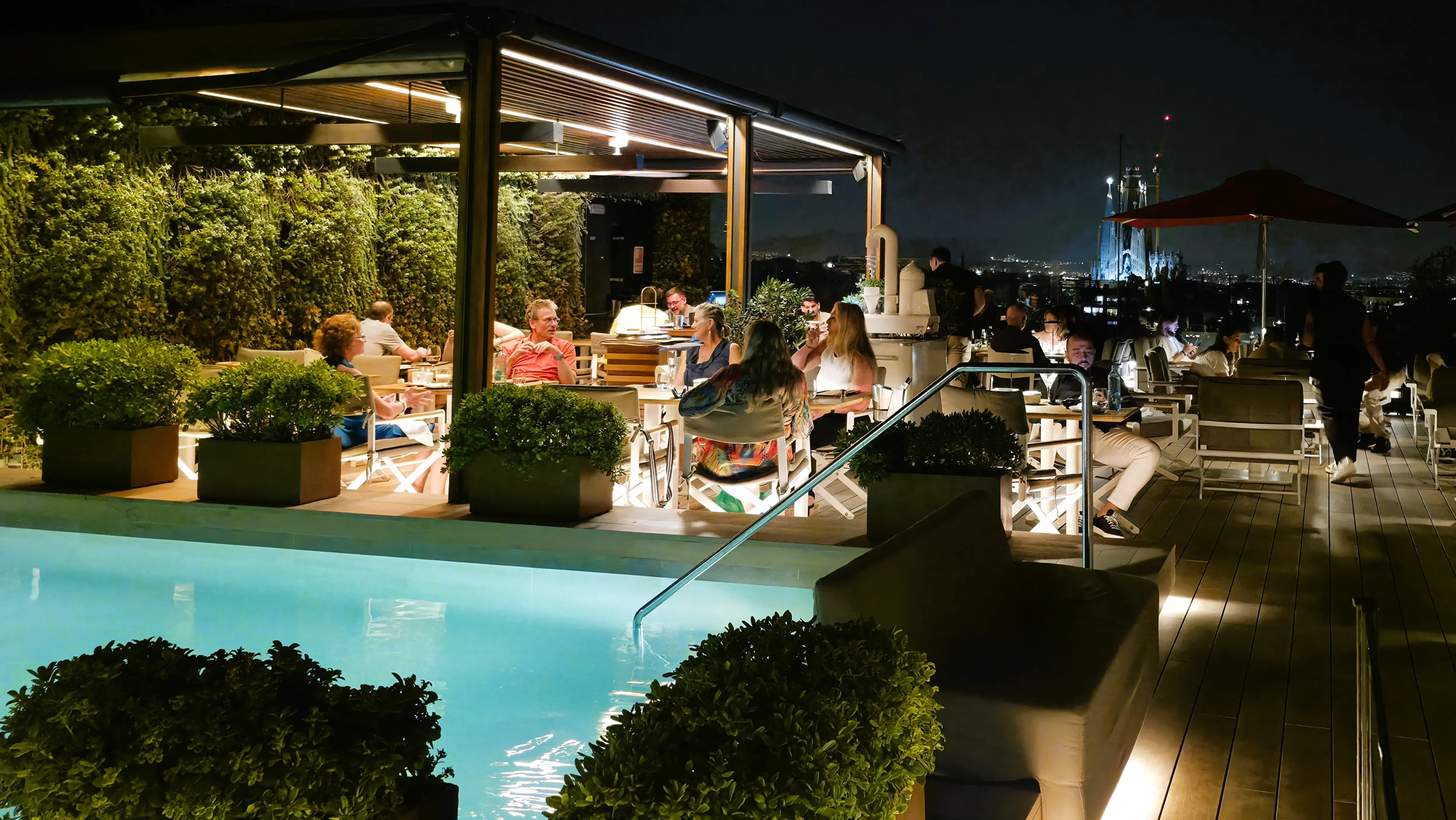 View of the Sagrada Família from La Dolce Vitae Restaurant & Bar, Majestic Hotel, Barcelona, Spain