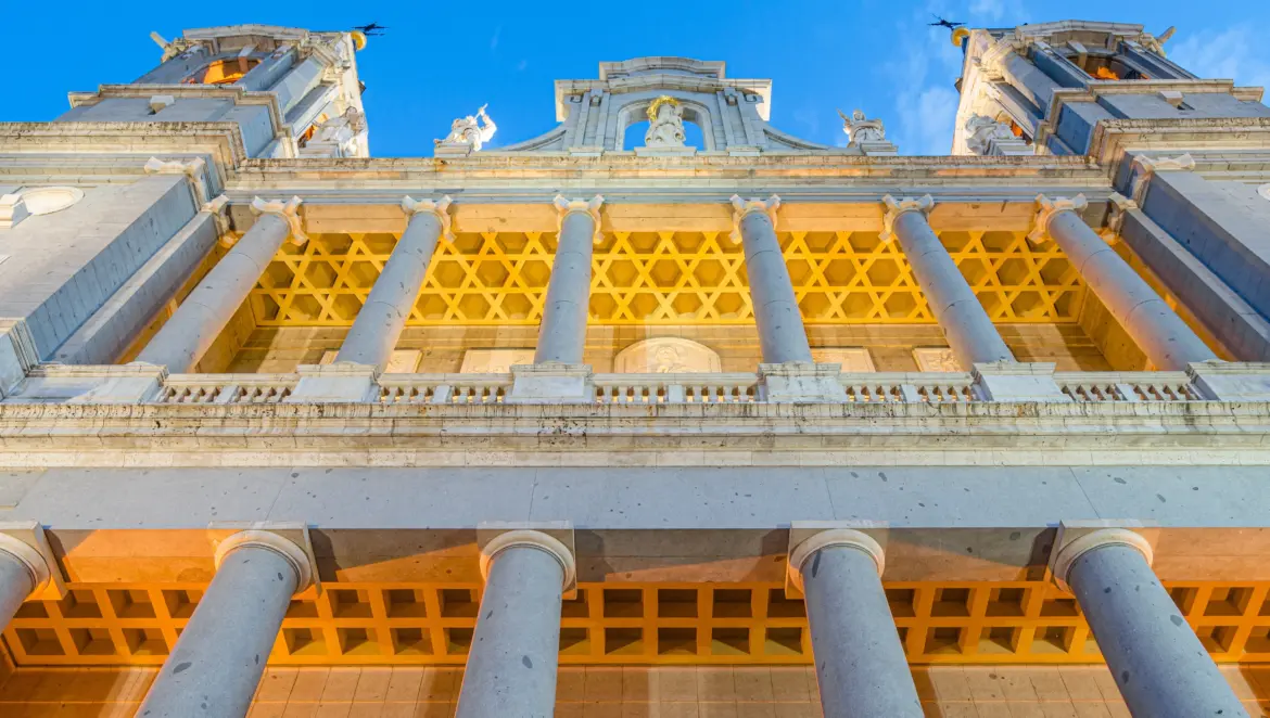 Almudena Cathedral’s neo-classical exterior, Madrid, Spain
