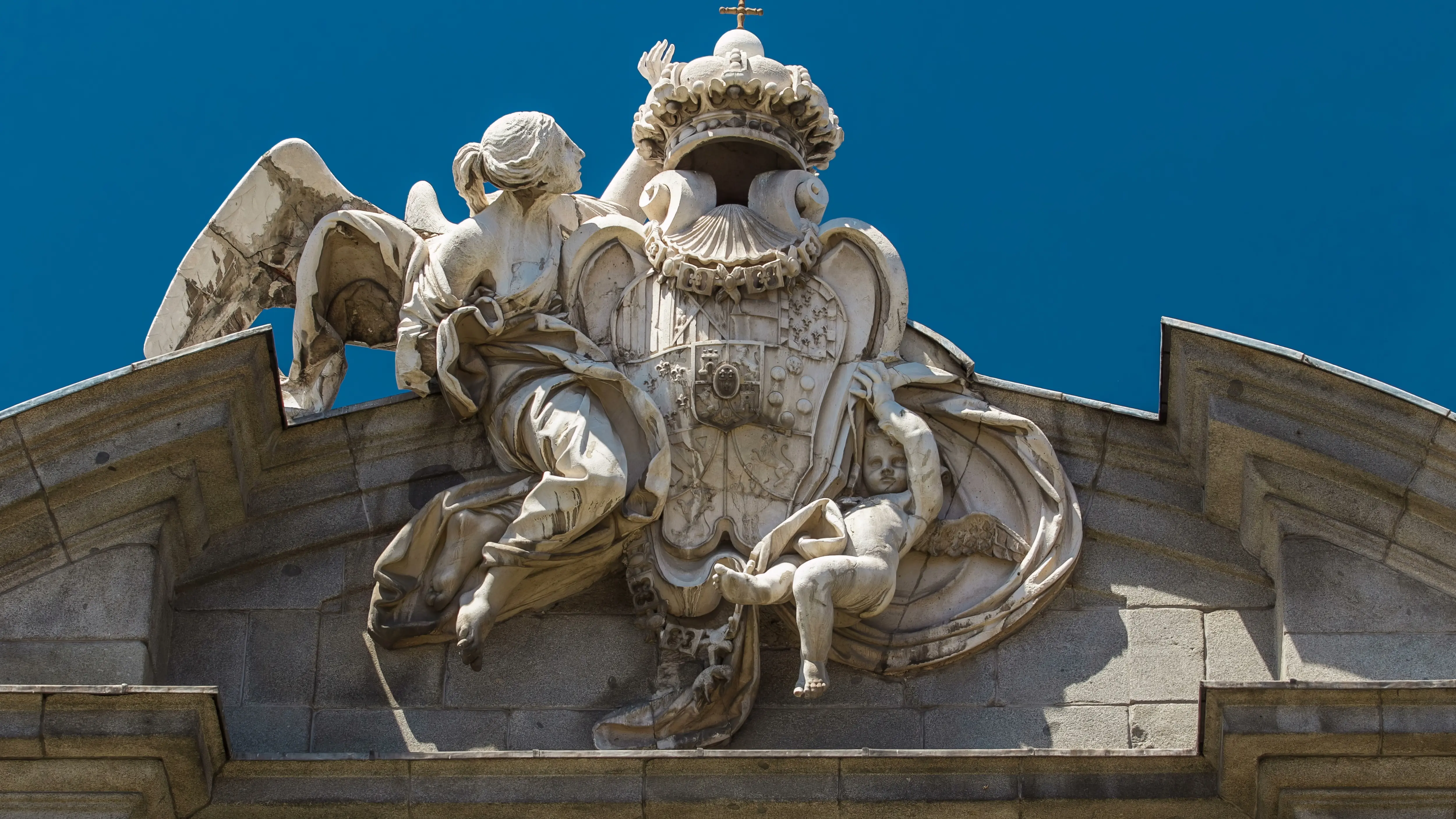 The royal shield of Spain, Puerta de Alcalá, Madrid, Spain
