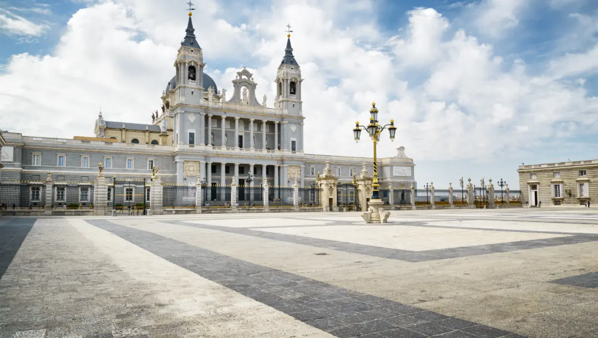 View of Almudena Cathedral from the Plaza de la Armería, Madrid, Spain