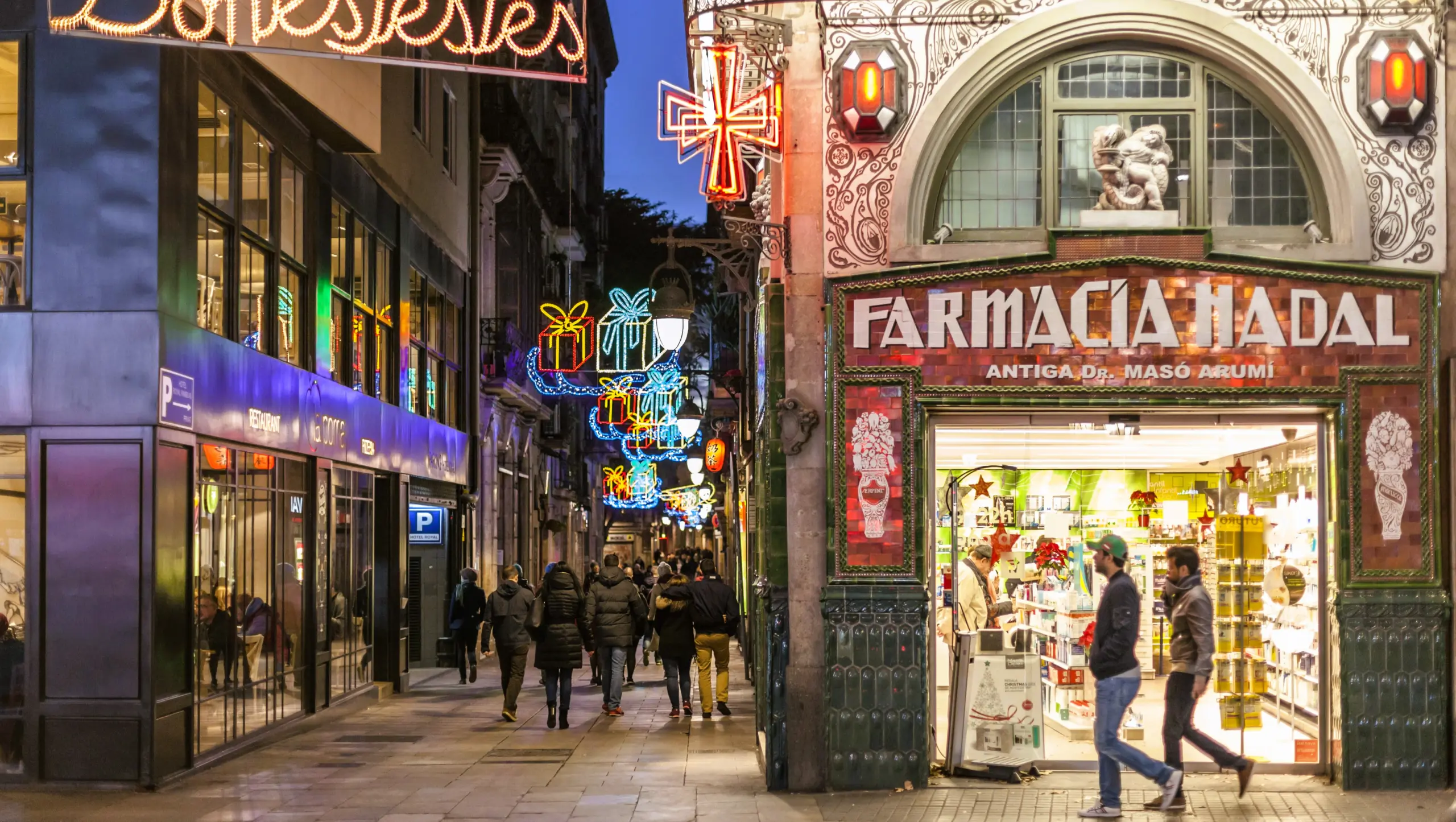 Festive lights in the Gothic Quarter, Barcelona, Spain
