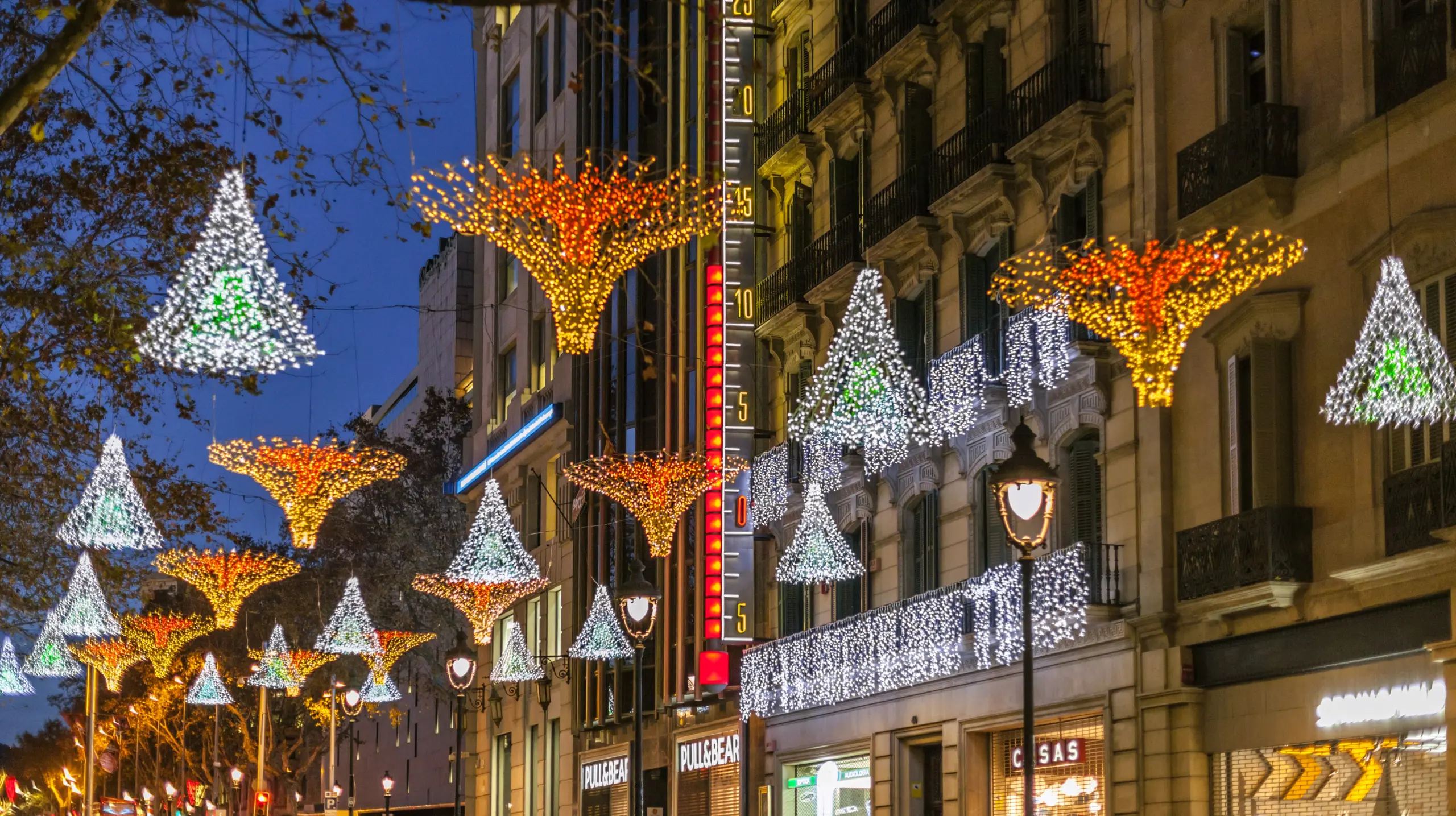 Festive holiday lights at Portal de l’Àngel, Barcelona, Spain