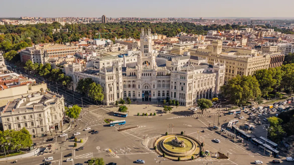 Aerial view of Plaza de Cibeles, Madrid, Spain