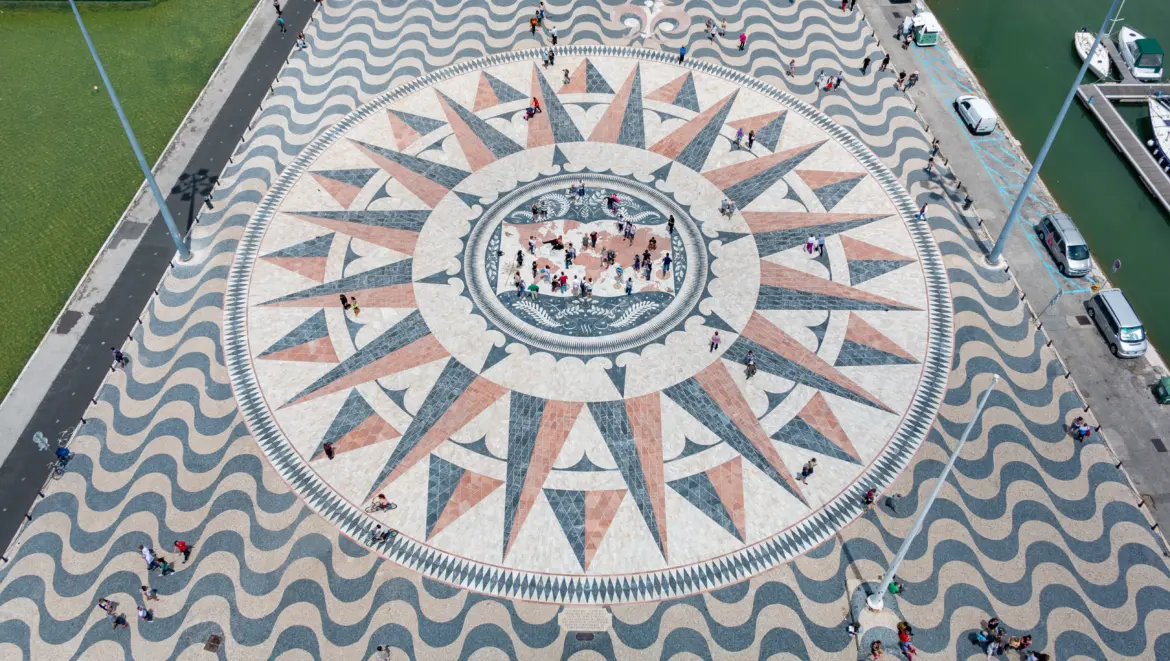 View of the Wind Rose and World Map mosaic from the Monument of the Discoveries (Padrão dos Descobrimentos), Belém, Lisbon, Portugal