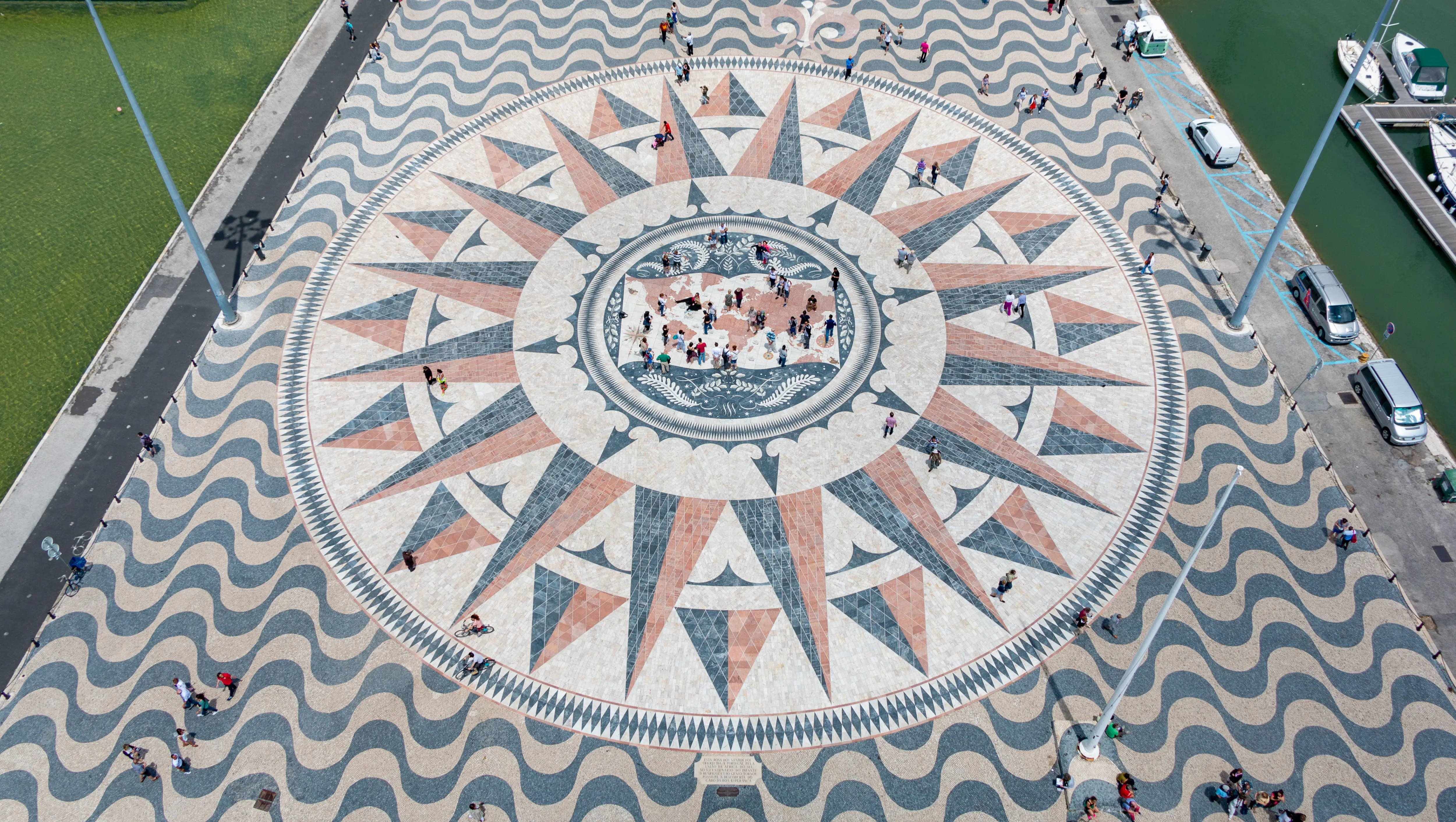 View of the Wind Rose and World Map mosaic from the Monument of the Discoveries (Padrão dos Descobrimentos), Belém, Lisbon, Portugal