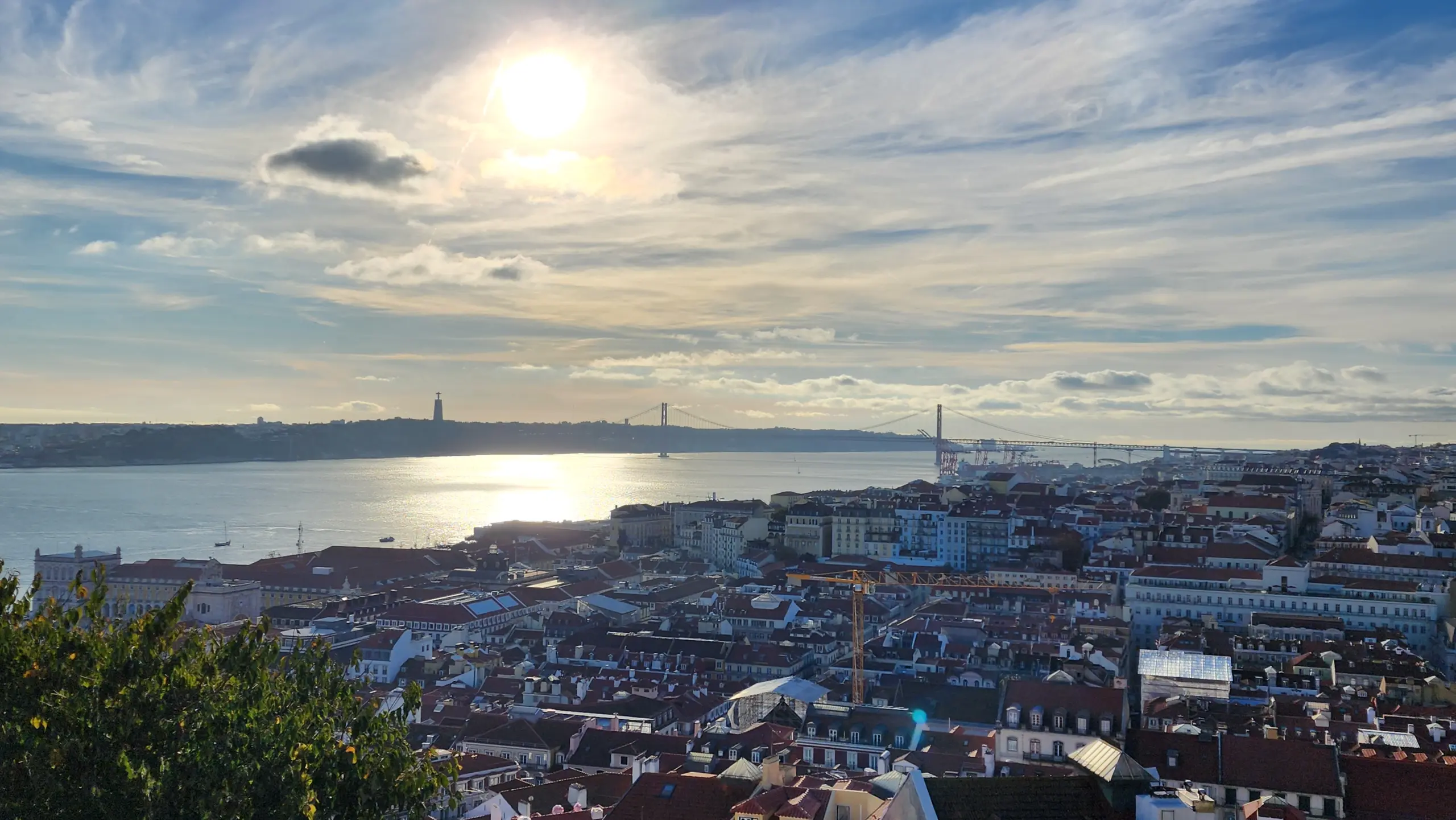 View of the 25 de Abril Bridge, the Cristo Rei statue and the Tagus River (Rio Tejo), Lisbon, Portugal
