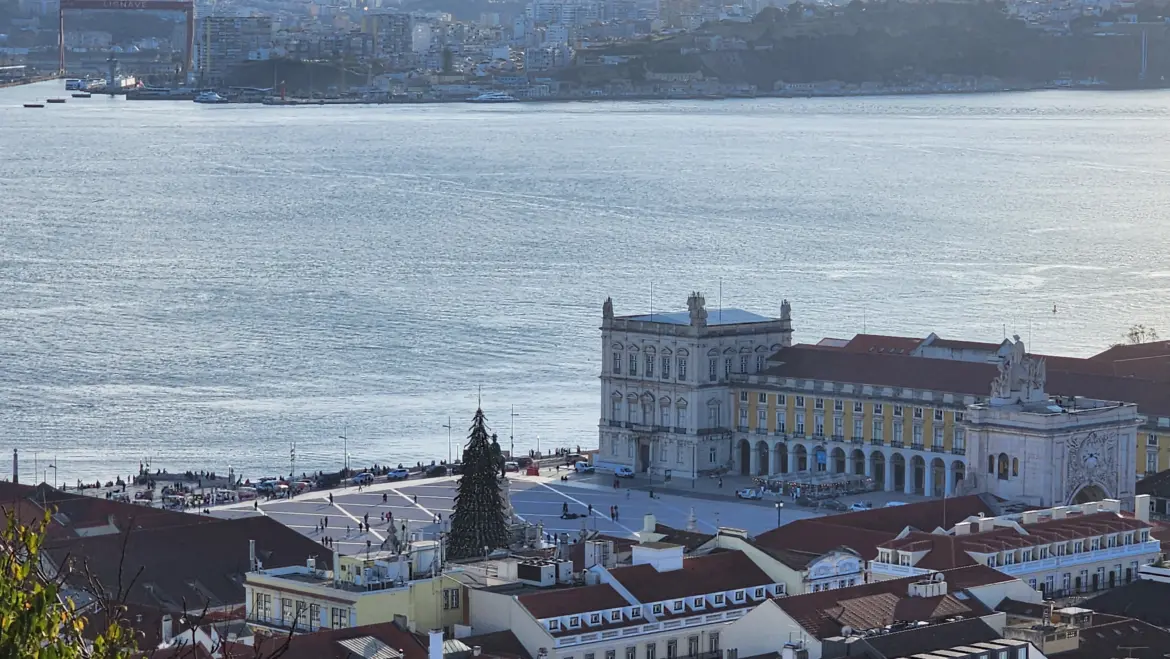 View of Praça do Comércio and the Tagus River (Rio Tejo) from Castelo de São Jorge, Lisbon, Portugal