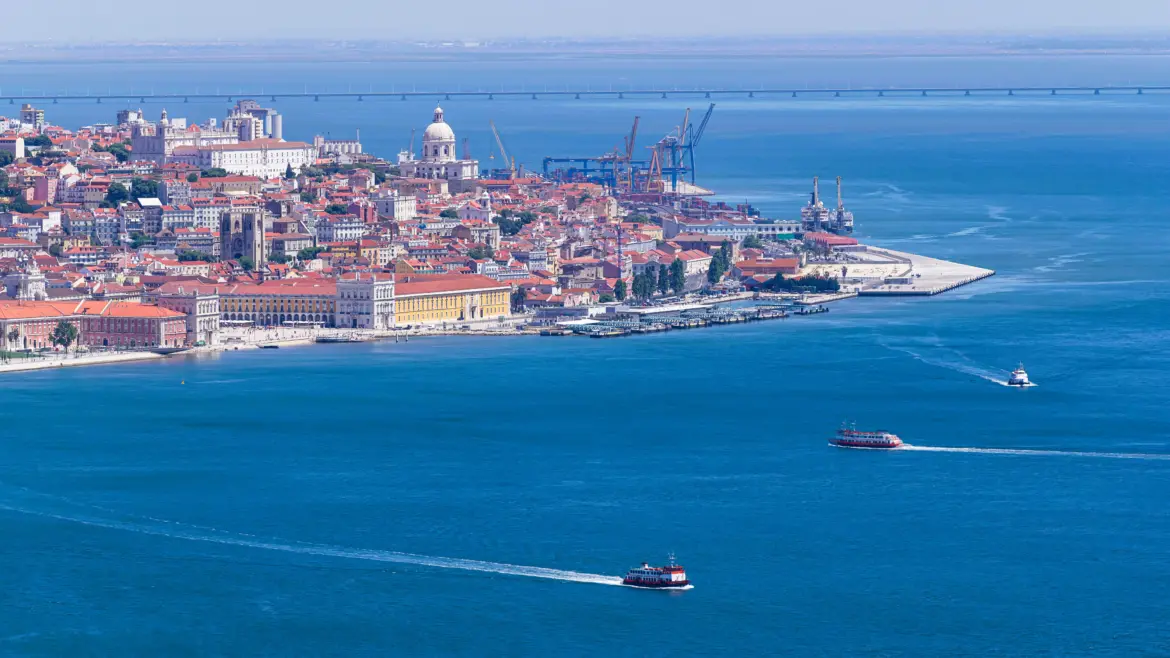 View of Praça do Comércio and the National Pantheon from the Sanctuary of Christ the King (Santuário de Cristo Rei), Lisbon, Portugal