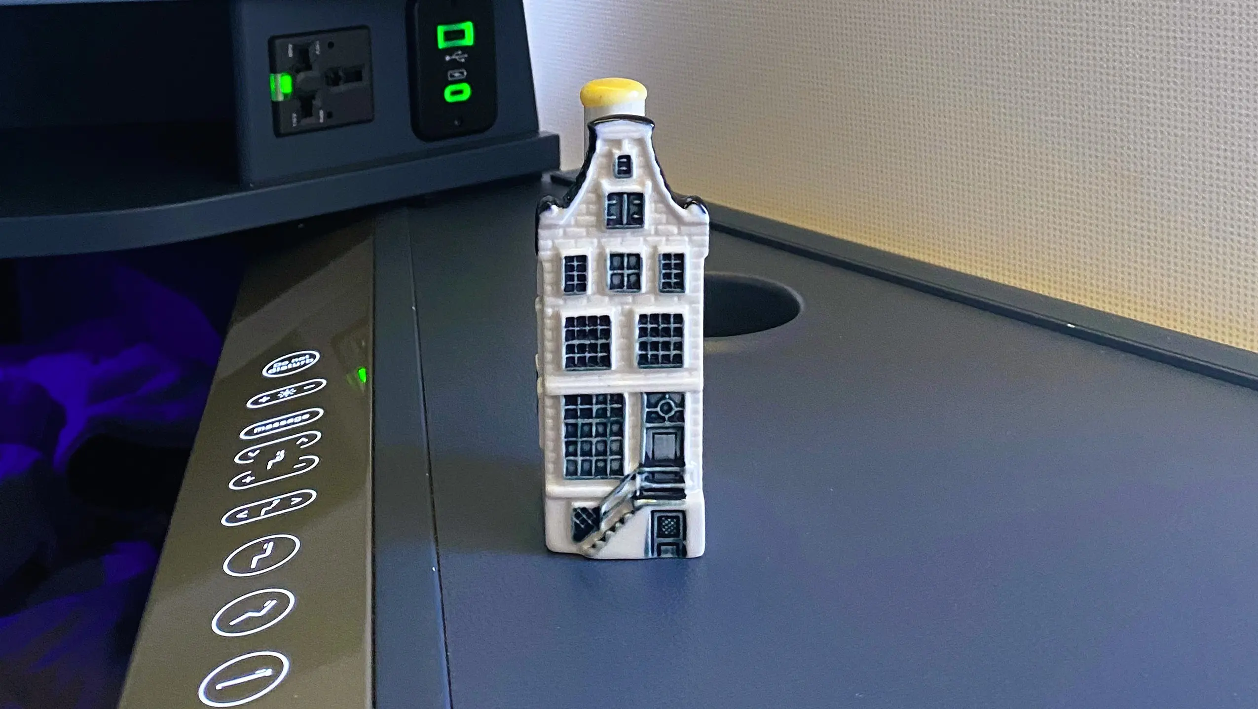 The iconic Delft Blue miniature house, KLM Business Class